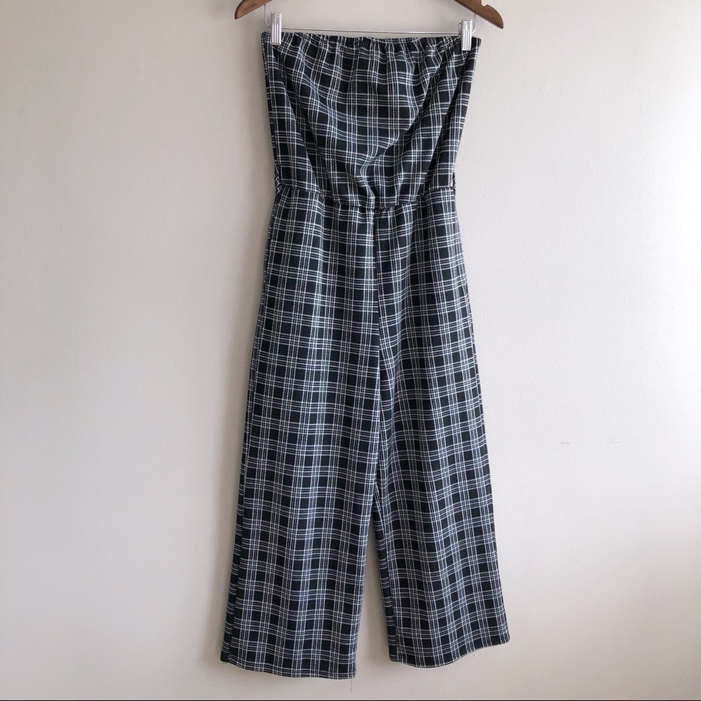 ✨$8 CLEAR-OUT✨ Ripe Plaid Checkered Strapless Crop Ankle Wide Leg Jumpsuit Grey